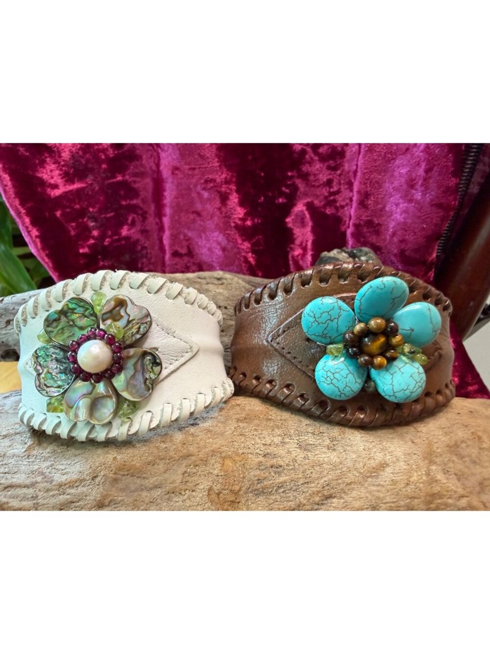 Two Handmade Leather Cuffs Floral Designs Adjustable Size 7